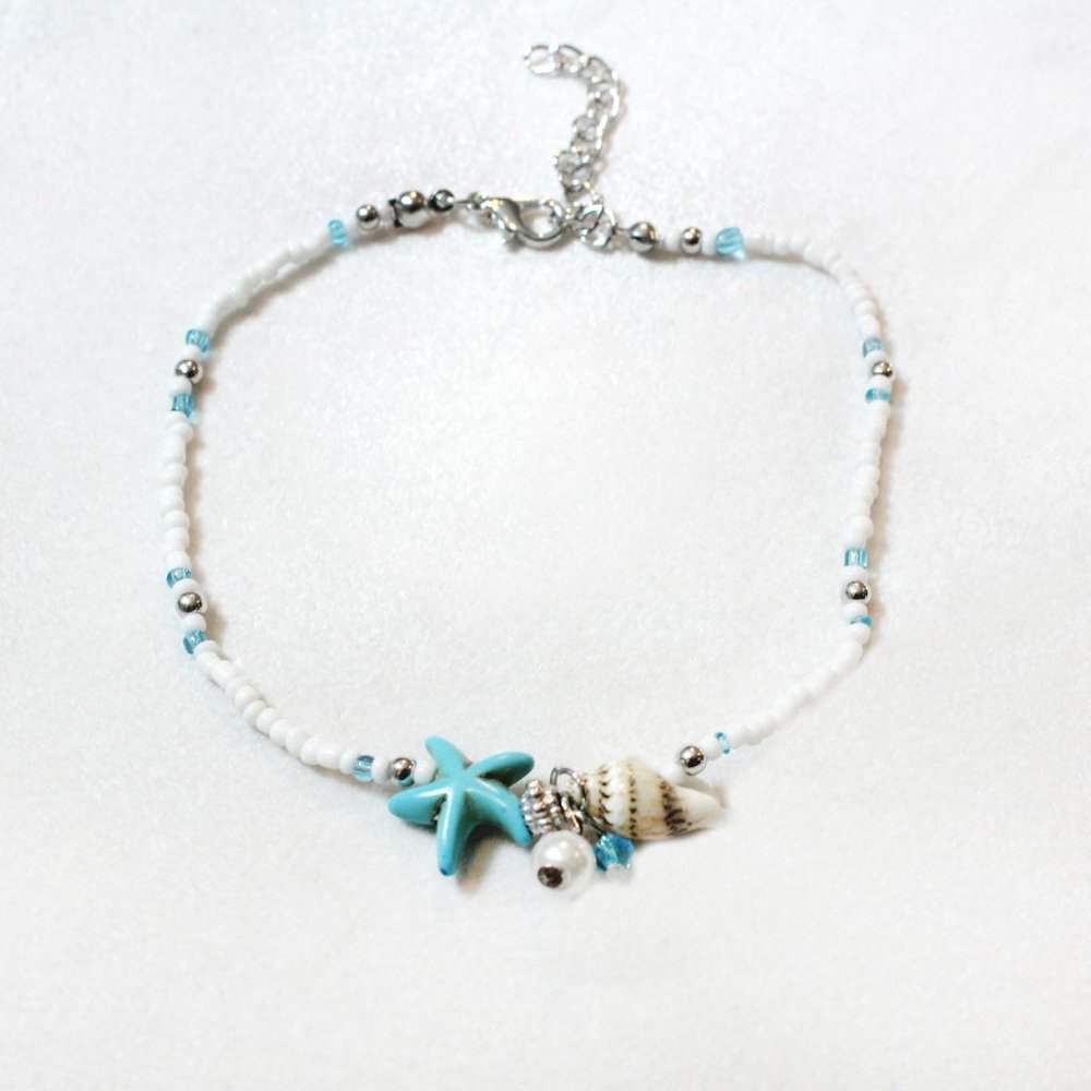 🐠🐟🐚White Turquoise Starfish Pearl Seashell Dangle Beachy Ankle Bracelet 🐚